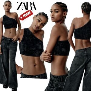 Zara black crystal rhinestone embellished one shoulder denim Jean crop top M NWT